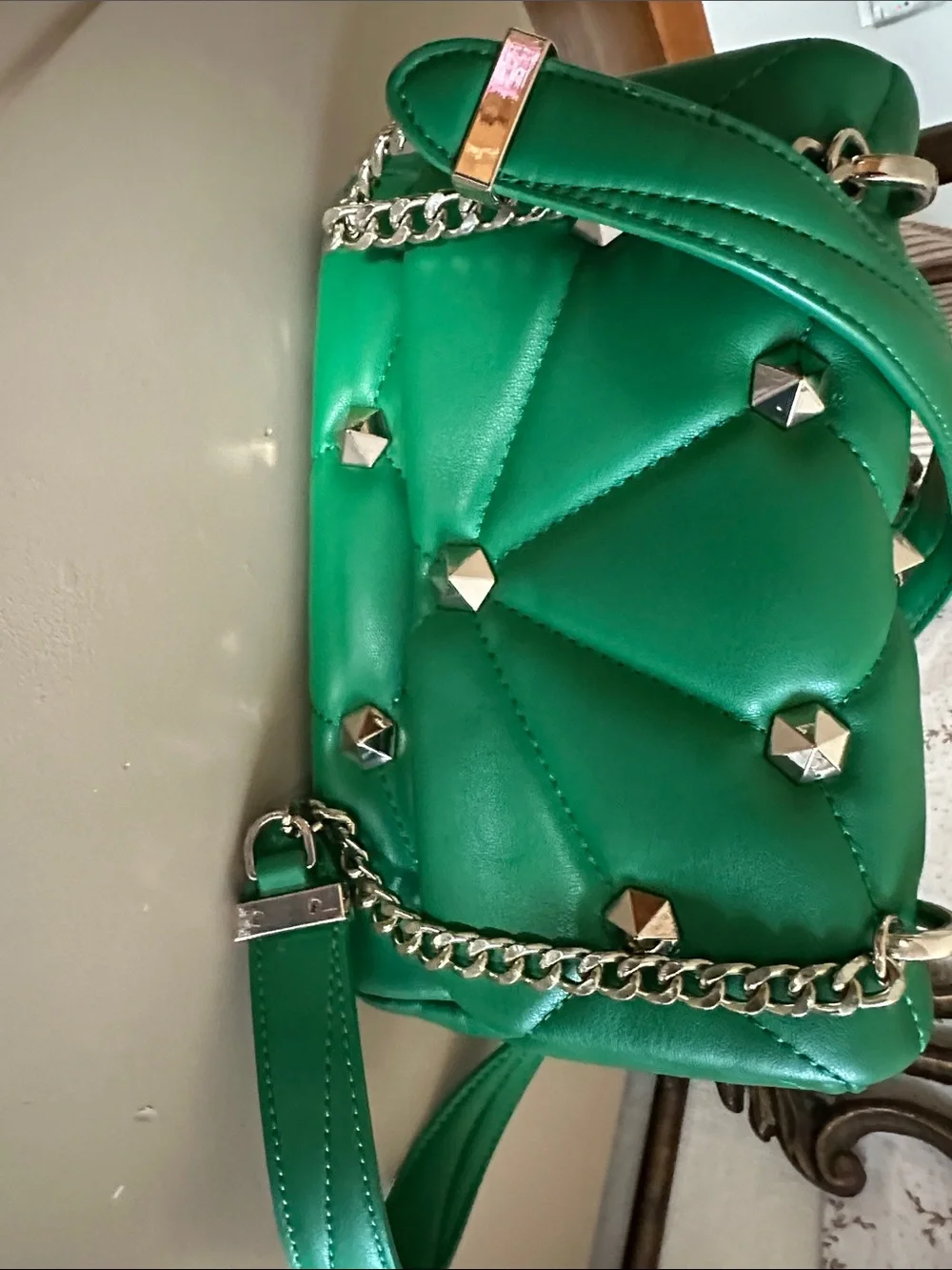 Green Quilted Studded Crossbody Bag